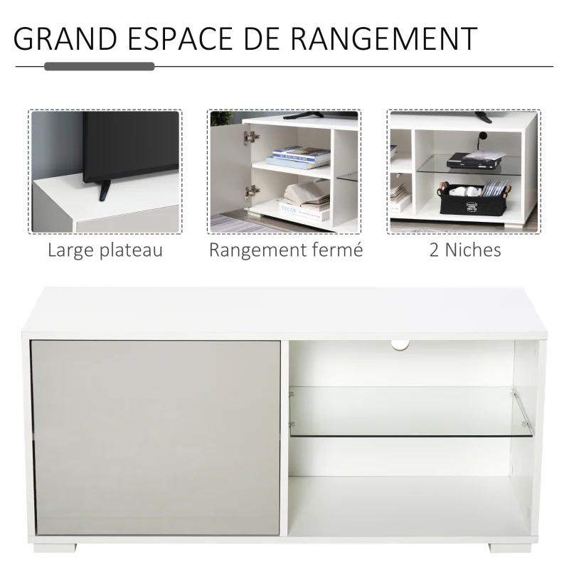 HOMCOM Meuble TV banc TV design contemporain - 2 niches étagère verre + placard porte - passe-fil - panneaux particules blanc gris
