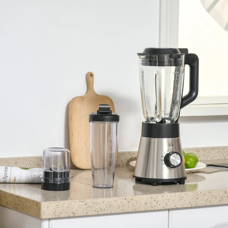 HOMCOM Batidora de Vaso 1000W Jarra de Cristal de 1.5L con 4 Programas 5 Velocidades Ajustables Cuchilla de 6 Hojas Acero Inoxidable y Botella Portátil 22,4x19x43 cm Negro