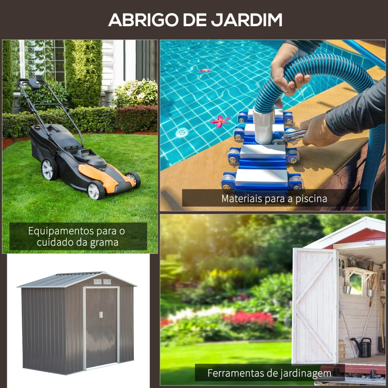 Outsunny Abrigo de Jardim 213x130x185cm Abrigo de Jardim Metálico de Exterior com 2 Portas Deslizantes e 4 Janelas Cinza Claro