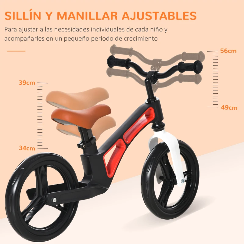 HOMCOM Bicicleta sin Pedales para Niños de 2-5 Años Bicicleta de Equilibrio Infantil con Sillín Ajustable de 39-34 cm y Manillar Regulable Ruedas de Goma Ligero 86x41x49-56 cm Negro
