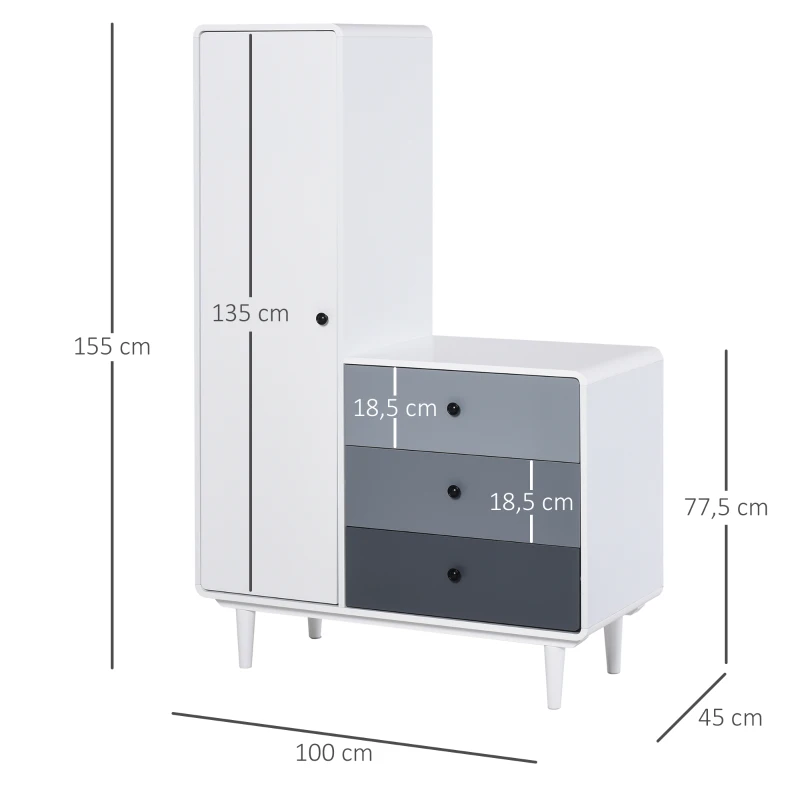 HOMCOM Kledingkast met nachtkastje 2-in-1 kast met stang schuiflade MDF hout wit