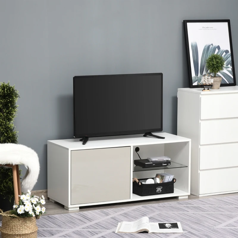 HOMCOM Meuble TV banc TV design contemporain - 2 niches étagère verre + placard porte - passe-fil - panneaux particules blanc gris