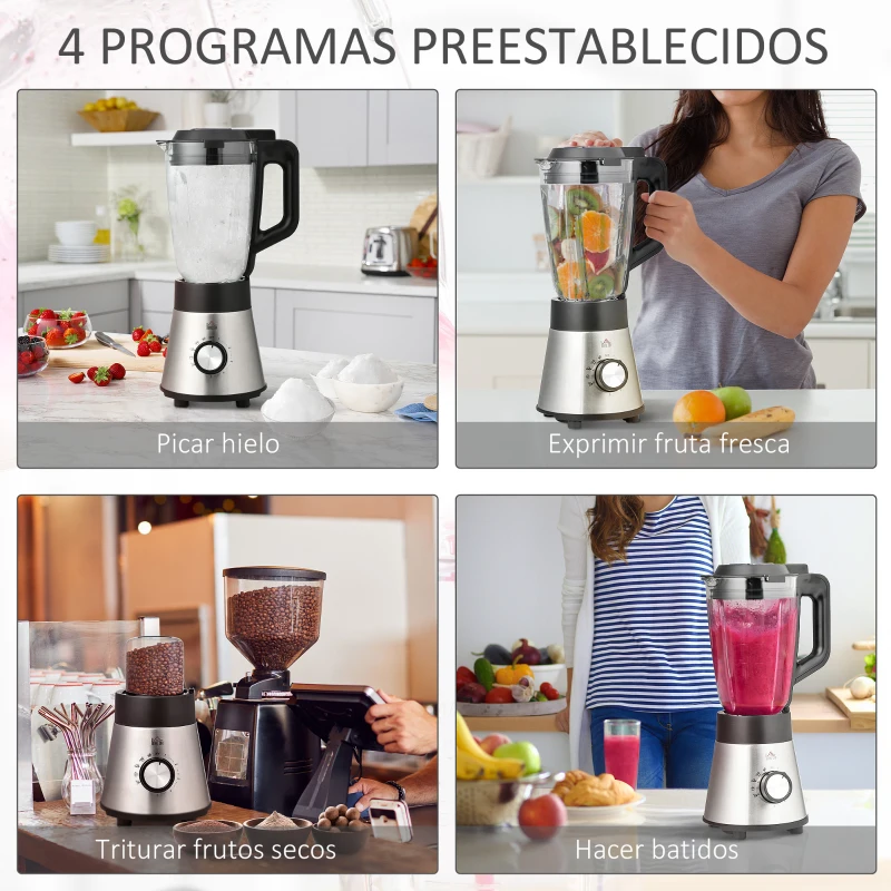 HOMCOM Batidora de Vaso 1000W Jarra de Cristal de 1.5L con 4 Programas 5 Velocidades Ajustables Cuchilla de 6 Hojas Acero Inoxidable y Botella Portátil 22,4x19x43 cm Negro