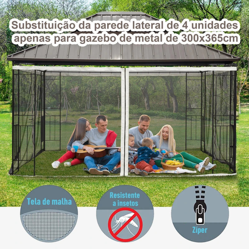Outsunny 4 painéis laterais 335x207 cm para tenda de jardim com mosquiteira zíperes e anéis preto