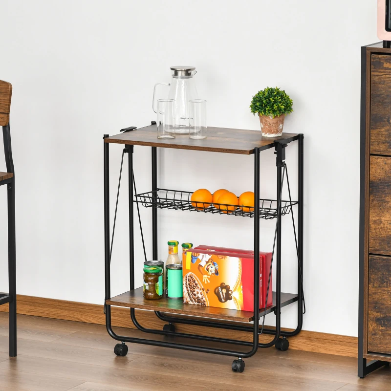 HOMCOM Desserte de cuisine chariot de service vintage style industriel 3 étagères - desserte pliable - métal noir aspect vieux bois