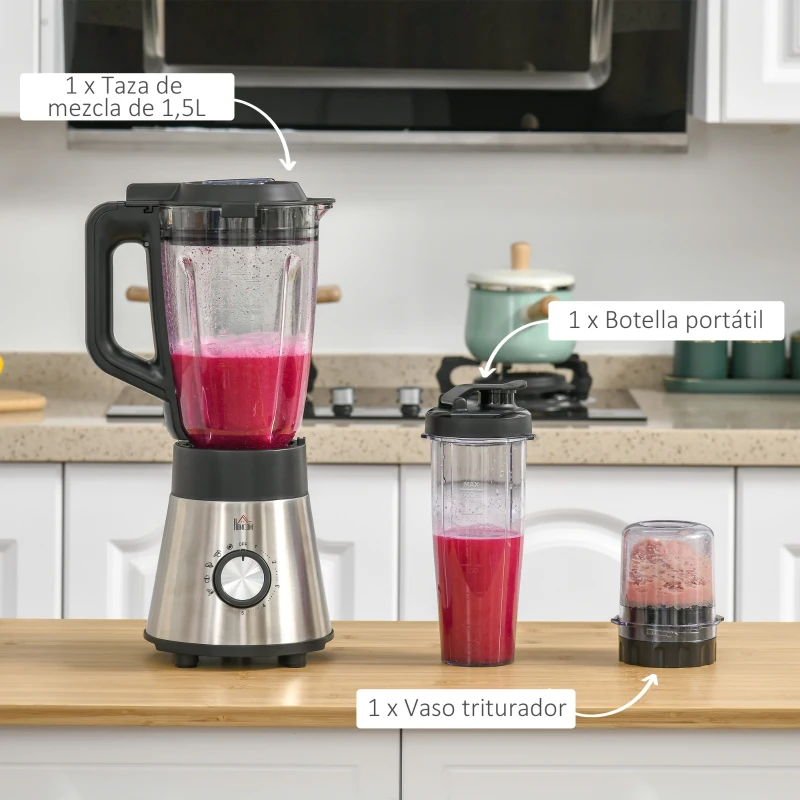 HOMCOM Batidora de Vaso 1000W Jarra de Cristal de 1.5L con 4 Programas 5 Velocidades Ajustables Cuchilla de 6 Hojas Acero Inoxidable y Botella Portátil 22,4x19x43 cm Negro