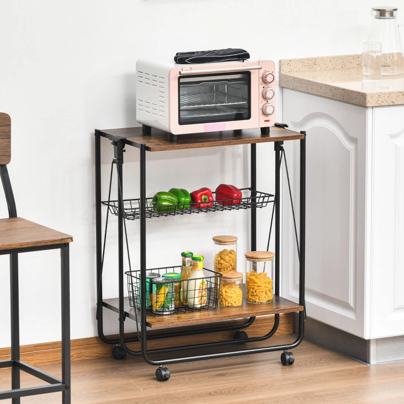 HOMCOM Desserte de cuisine chariot de service vintage style industriel 3 étagères - desserte pliable - métal noir aspect vieux bois