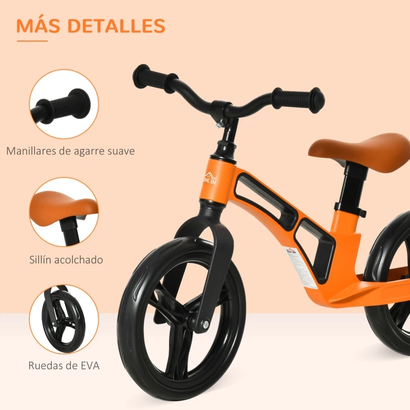 HOMCOM Bicicleta sin Pedales para Niños de 2-5 Años Bicicleta de Equilibrio Infantil con Sillín Ajustable de 39-34 cm y Manillar Regulable Ruedas de Goma Ligero 86x41x49-56 cm Naranja