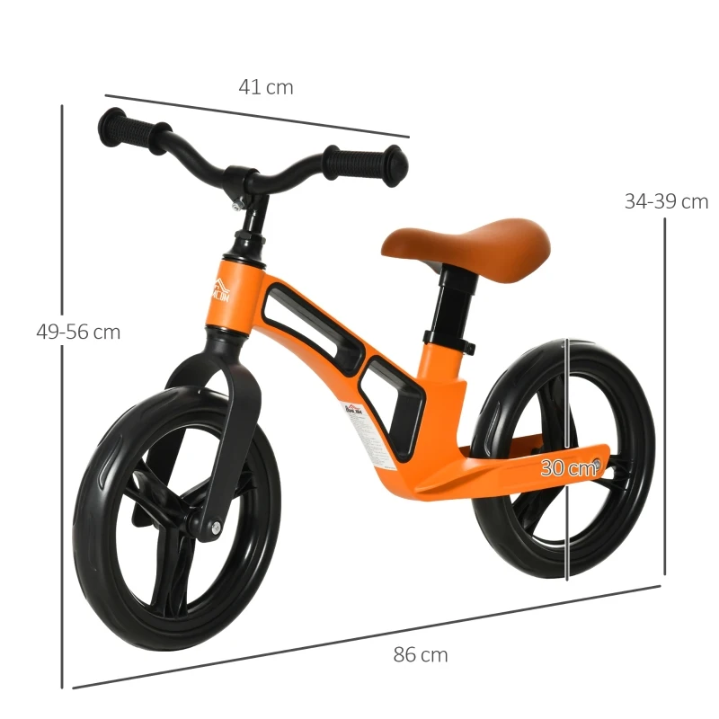 HOMCOM Bicicleta sin Pedales para Niños de 2-5 Años Bicicleta de Equilibrio Infantil con Sillín Ajustable de 39-34 cm y Manillar Regulable Ruedas de Goma Ligero 86x41x49-56 cm Naranja