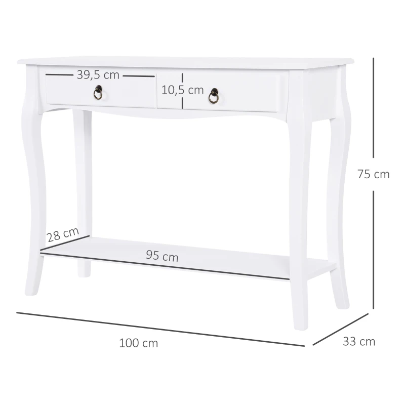 HOMCOM Mesa Tipo Consola para Sala de Estar Consola para Entrada com 2 Gavetas e Prateleira Inferior 100x33x75cm Branco