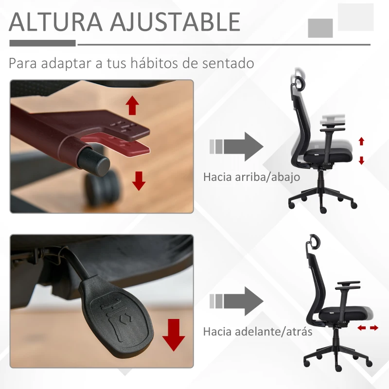 Vinsetto Silla de Oficina Giratoria Silla Escritorio Basculante con Altura Ajustable Reposacabezas Reposabrazos Regulables de 3D y Soporte Lumbar 67x64x118-126 cm Negro