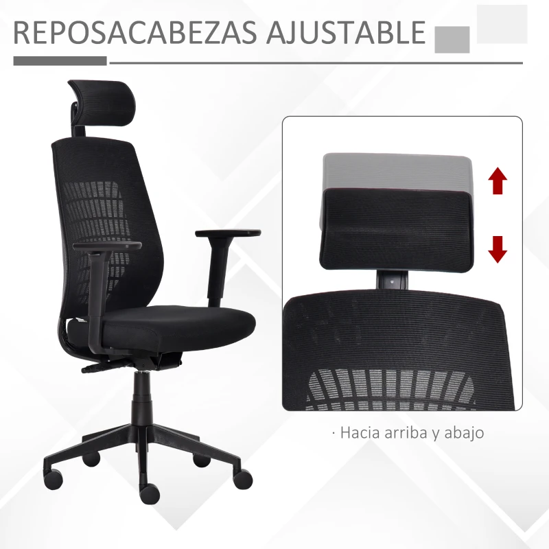 Vinsetto Silla de Oficina Giratoria Silla Escritorio Basculante con Altura Ajustable Reposacabezas Reposabrazos Regulables de 3D y Soporte Lumbar 67x64x118-126 cm Negro