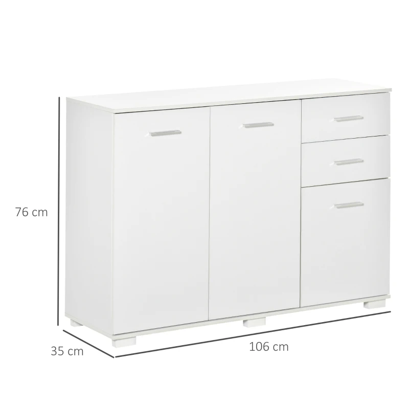 HOMCOM Modern Storage Cabinet Home Organisation Aluminium Handles 2 Cabinet 2 Drawer w/ 6 Feet White