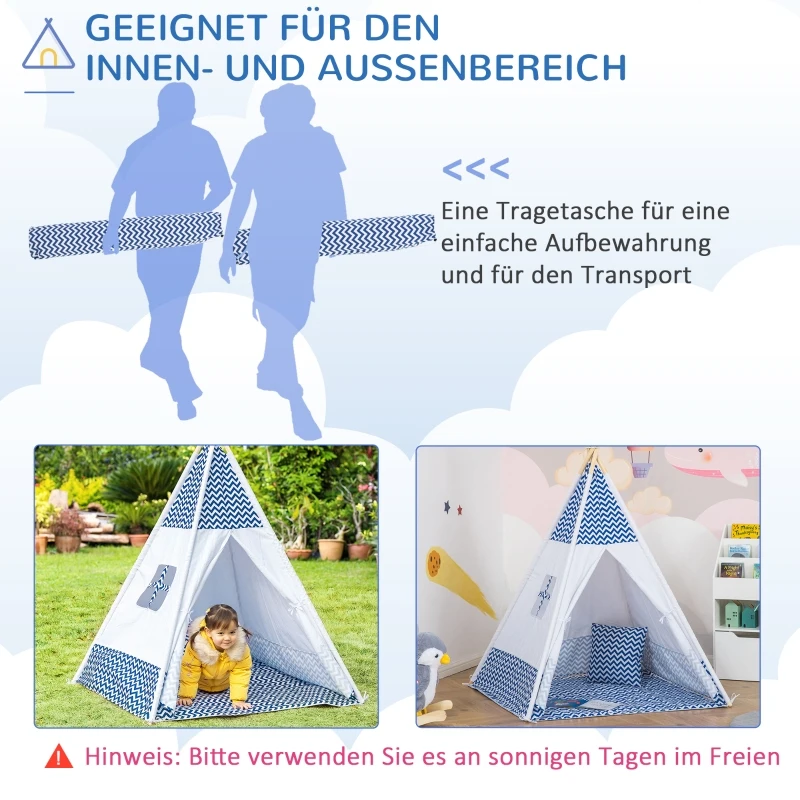 HOMCOM Tipi, Spielzelt für Kinder inkl. Bodenmatte u. Kissen, Blau+ Weiß, 120 x 120 x 155 cm