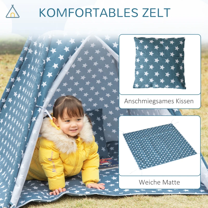 HOMCOM Kinder Tipi Tent met Vloermat en Kussen, Blauw+Wit, 120x120x155cm