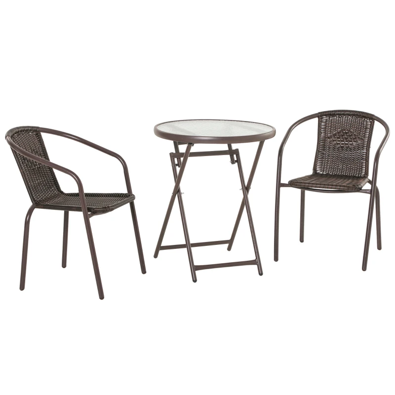 Outsunny Set Tavolo Pieghevole e 2 Sedie da Giardino in Acciaio e Rattan PE, Arredamento da Esterno da 3 Pezzi Marrone