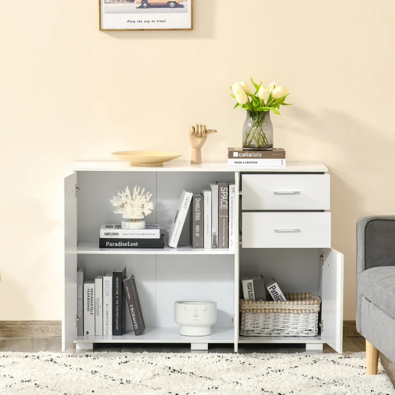 HOMCOM Modern Storage Cabinet Home Organisation Aluminium Handles 2 Cabinet 2 Drawer w/ 6 Feet White