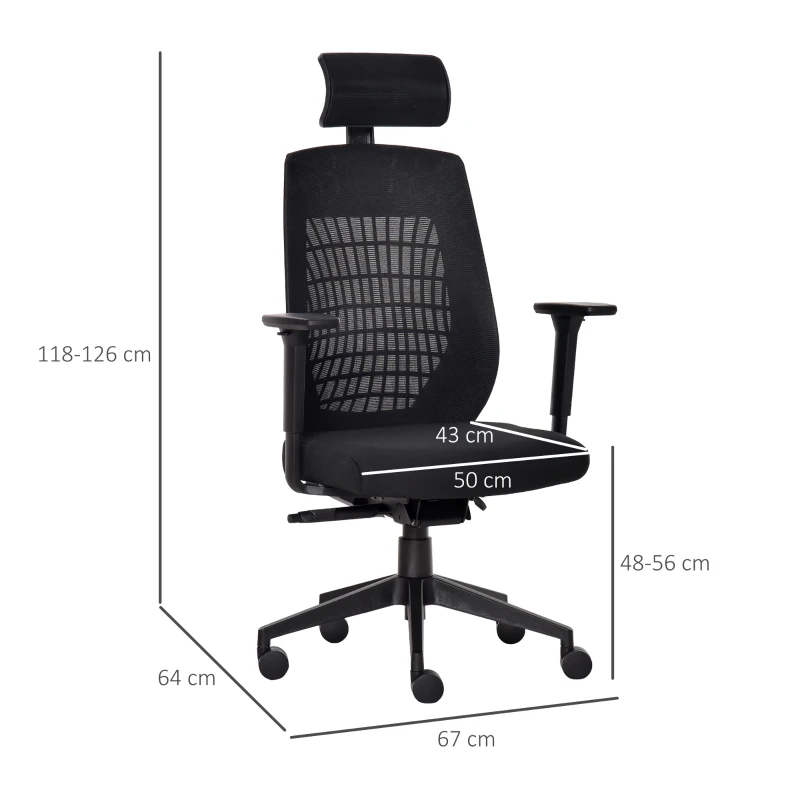 Vinsetto Silla de Oficina Giratoria Silla Escritorio Basculante con Altura Ajustable Reposacabezas Reposabrazos Regulables de 3D y Soporte Lumbar 67x64x118-126 cm Negro