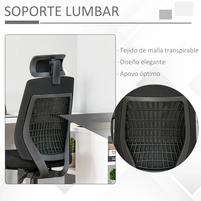 Vinsetto Silla de Oficina Giratoria Silla Escritorio Basculante con Altura Ajustable Reposacabezas Reposabrazos Regulables de 3D y Soporte Lumbar 67x64x118-126 cm Negro