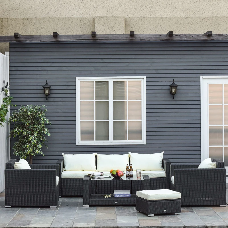 Outsunny Garden Rattan Furniture 7 PCs Sofa Set Patio Outdoor Wicker Weave Conservatory Table Chairs w/ Cushions Aluminium Frame
