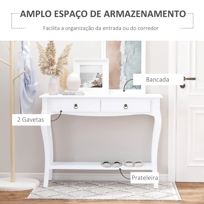 HOMCOM Mesa Tipo Consola para Sala de Estar Consola para Entrada com 2 Gavetas e Prateleira Inferior 100x33x75cm Branco