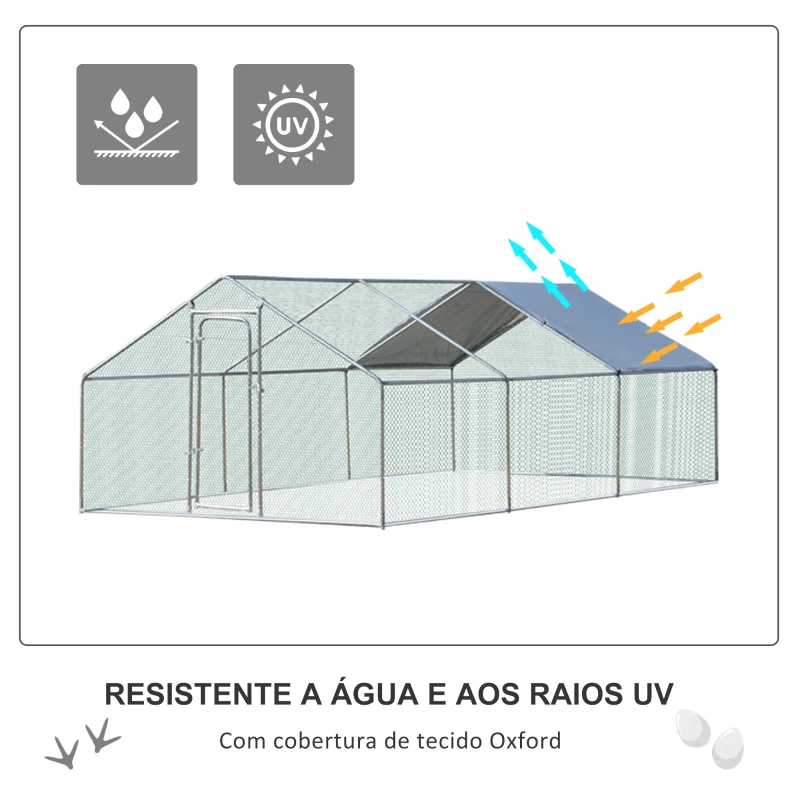 PawHut Galinheiro de Exterior Grande 303,5x600x195cm Gaiola de Metal Galvanizado para Galinhas Coelhos Aves com Fechadura e Cobertura de Tecido de Oxford Prata