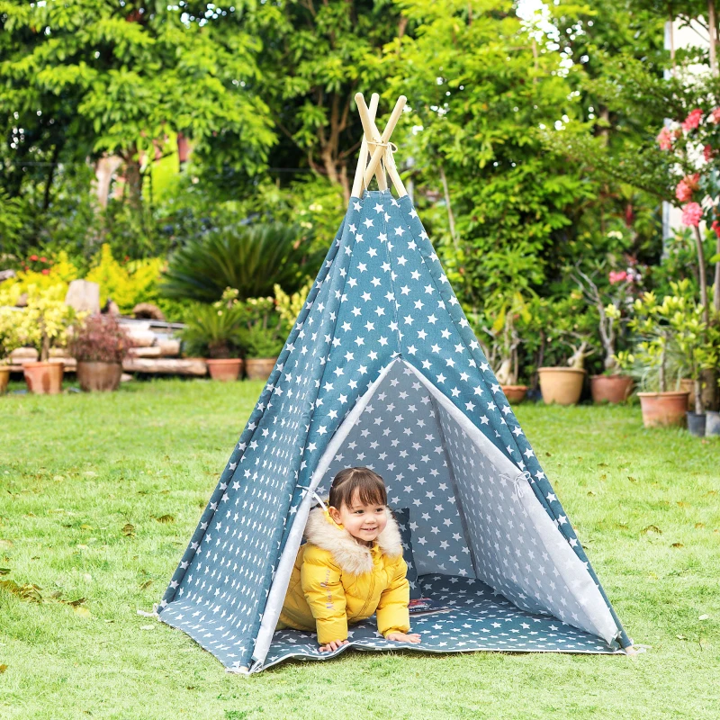 HOMCOM Kinder Tipi Tent met Vloermat en Kussen, Blauw+Wit, 120x120x155cm
