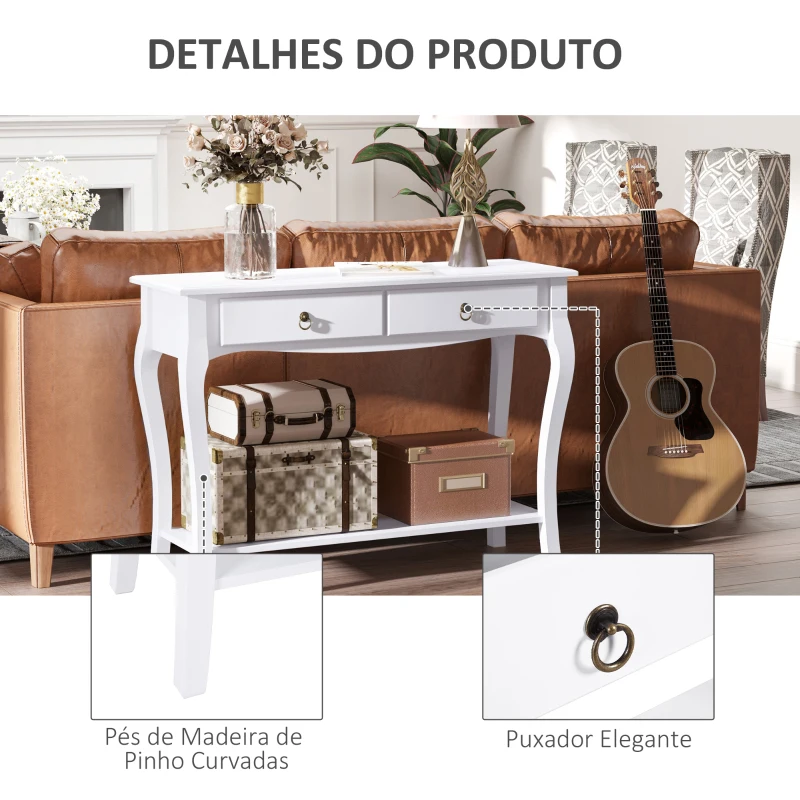 HOMCOM Mesa Tipo Consola para Sala de Estar Consola para Entrada com 2 Gavetas e Prateleira Inferior 100x33x75cm Branco