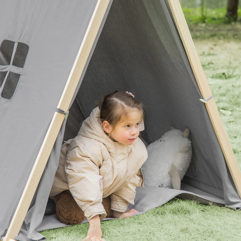 HOMCOM Kinder Teepee Tipi Zelt mit Fenster Indoor Outdoor Kinderspielzelt Spieltipi mit Kissen Polyester Kieferholz Lesen Spielen Ausruhen 3-6 Jahren Grau 130 x 115 x 136 cm