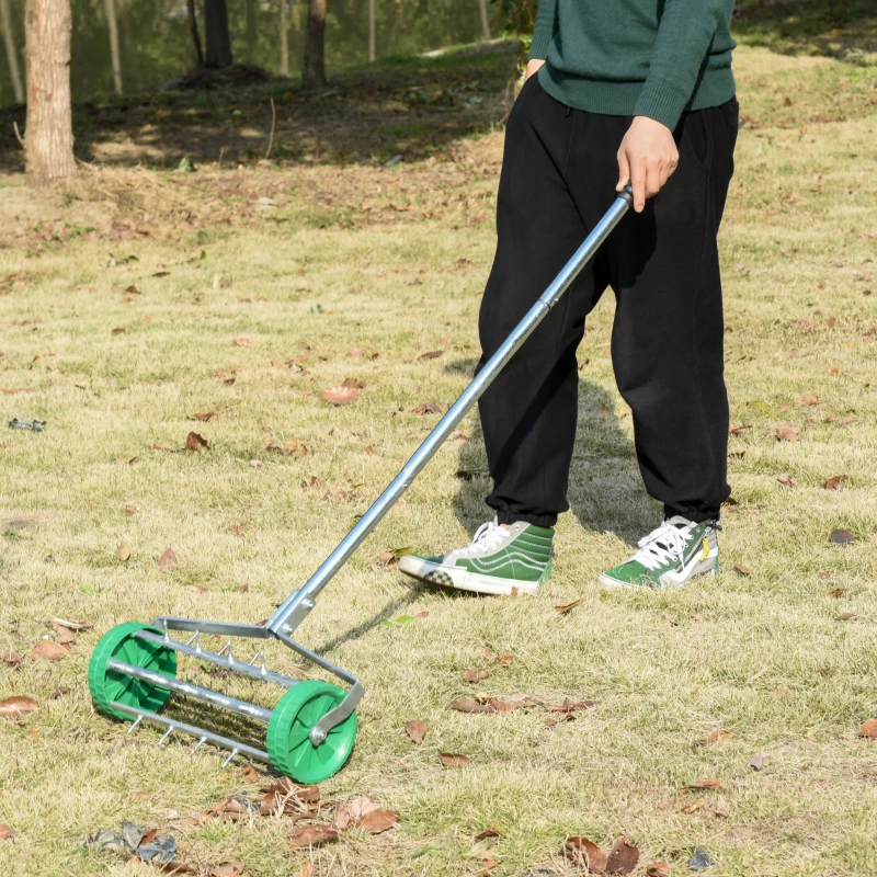 Outsunny Garden Rolling Lawn Aerator Heavy Duty Steel Grass Roller w/ Adjustable Handle(m-2)