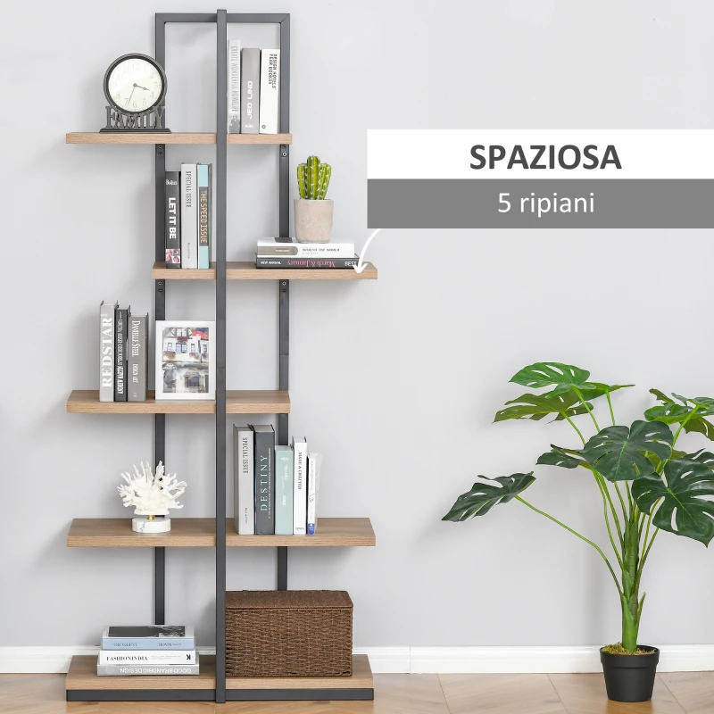 HOMCOM Libreria Moderna 5 Ripiani Asimmetrici in Stile Industriale, Legno Truciolare e Metallo, 80x39x179.5cm, Marrone