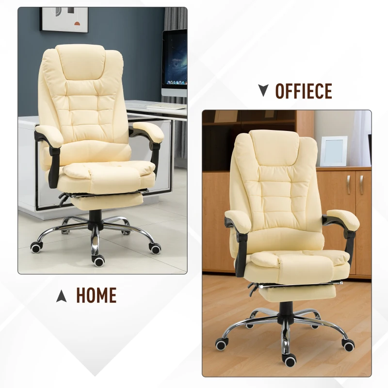 HOMCOM Poltrona Presidenziale in Similpelle Bianca, Sedia da Ufficio Regolabile con Schienale Reclinabile 145° e Poggiapiedi