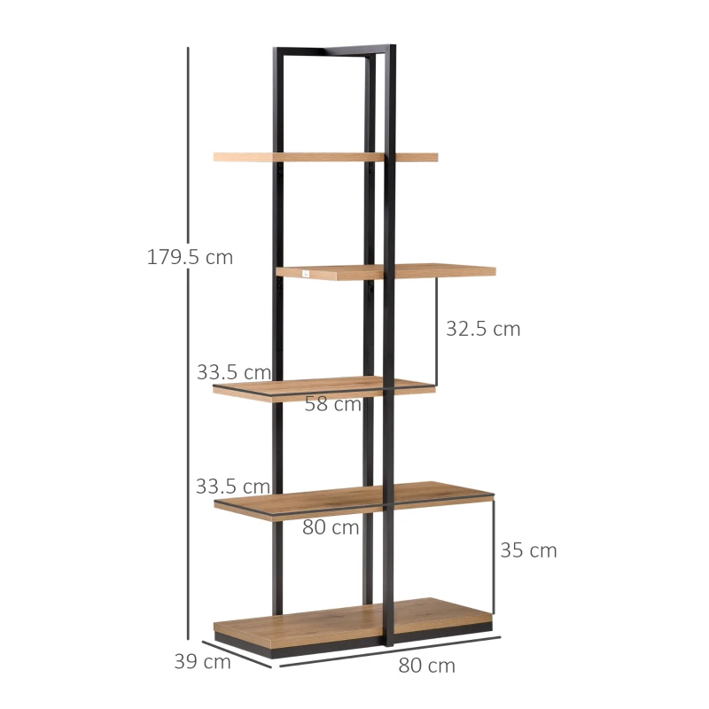 HOMCOM Libreria Moderna 5 Ripiani Asimmetrici in Stile Industriale, Legno Truciolare e Metallo, 80x39x179.5cm, Marrone