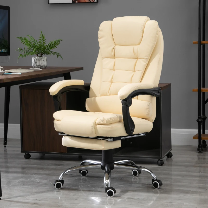 HOMCOM Poltrona Presidenziale in Similpelle Bianca, Sedia da Ufficio Regolabile con Schienale Reclinabile 145° e Poggiapiedi