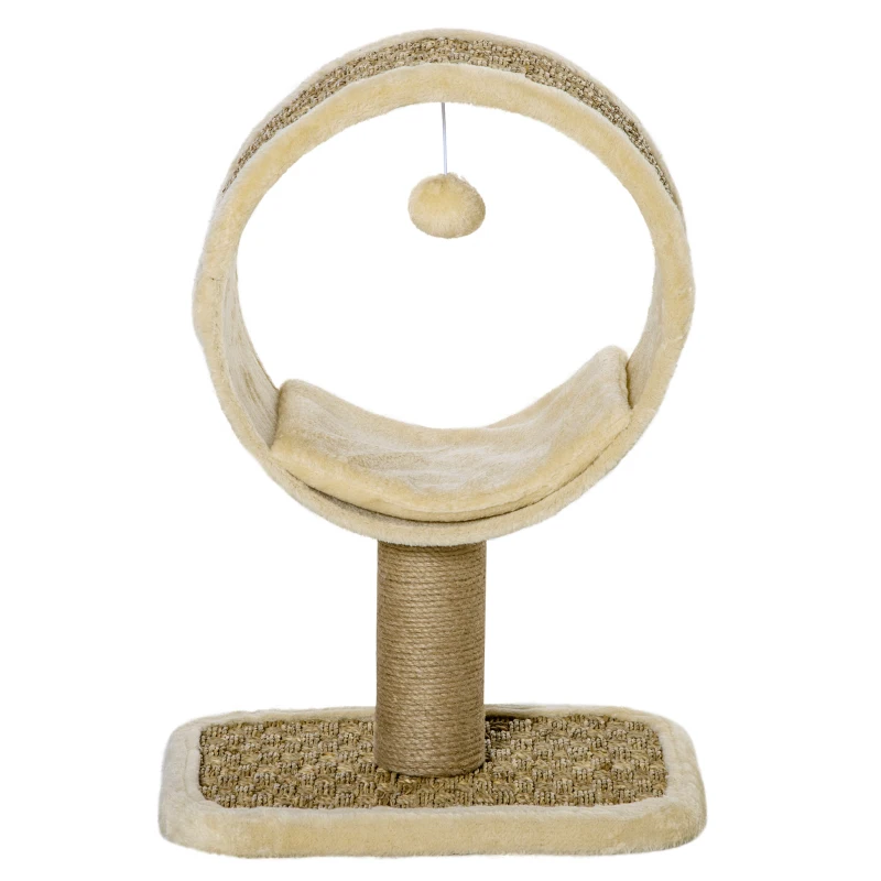 PawHut Árvore Arranhador para Gatos com Túnel Superior Poste Arranhador de Juta Natural Almofada Removível e Brinquedo Suspenso 40x30x56cm Bege