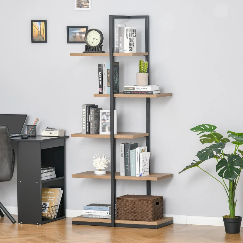 HOMCOM Libreria Moderna 5 Ripiani Asimmetrici in Stile Industriale, Legno Truciolare e Metallo, 80x39x179.5cm, Marrone
