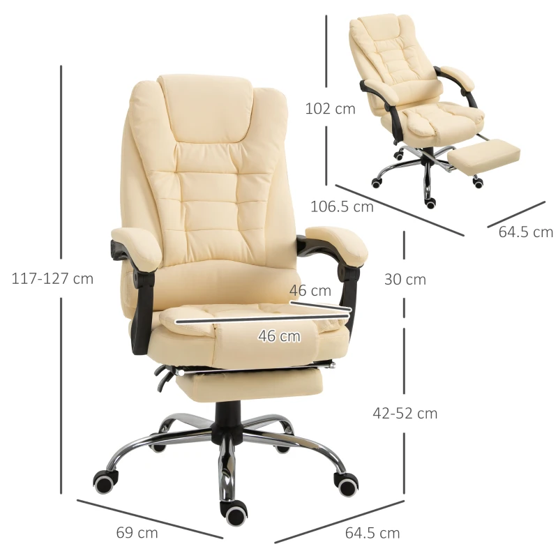 HOMCOM Poltrona Presidenziale in Similpelle Bianca, Sedia da Ufficio Regolabile con Schienale Reclinabile 145° e Poggiapiedi