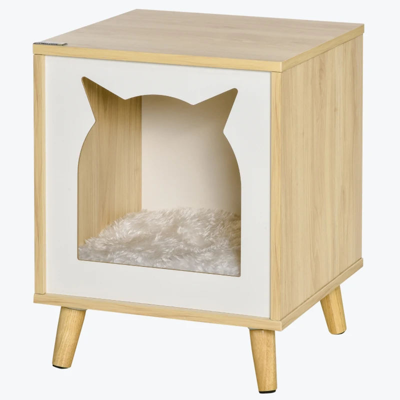 PawHut Casetta per Gatti 2 in 1 e Tavolino, Cuscino Lavabile e Gambe in Legno, 40x40x50cm