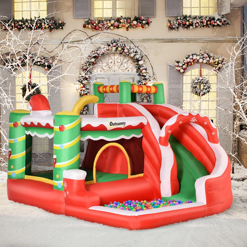Outsunny Castello Gonfiabile Gigante a Tema Natalizio per Bambini 3-8 Anni con Scivolo e Accessori, 290x280x220 cm