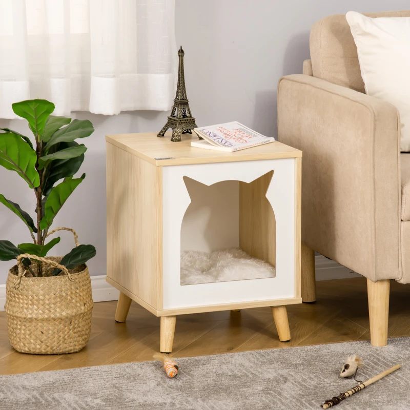 PawHut Casetta per Gatti 2 in 1 e Tavolino, Cuscino Lavabile e Gambe in Legno, 40x40x50cm