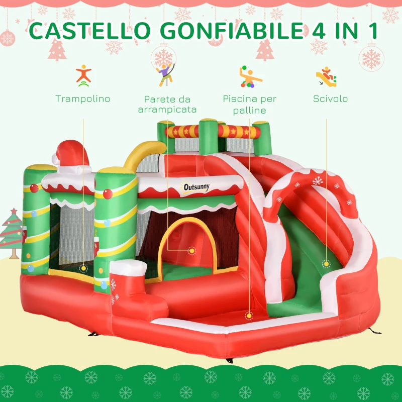 Outsunny Castello Gonfiabile Gigante a Tema Natalizio per Bambini 3-8 Anni con Scivolo e Accessori, 290x280x220 cm