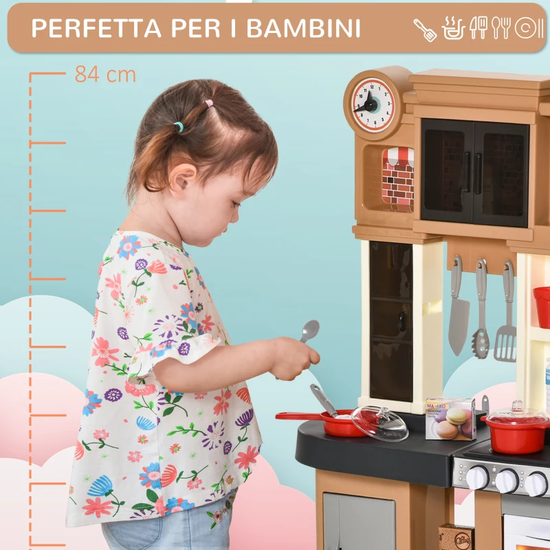 HOMCOM Cucina per Bambini 3-6 Anni con 58 Accessori, Fornelli con Suoni e Lavandino Funzionante, 63x35x84, Grigio Marrone