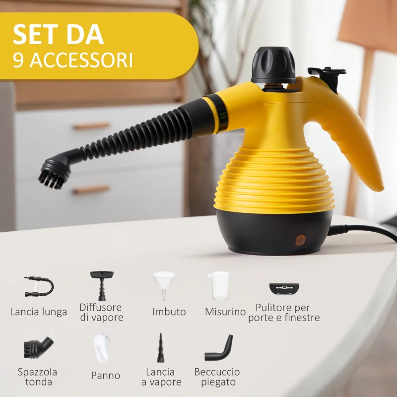 HOMCOM Pistola a Vapore Multiuso con 9 Accessori, Potenza 900-1050W e Serbatoio 350ml, 30x15x21cm, Giallo