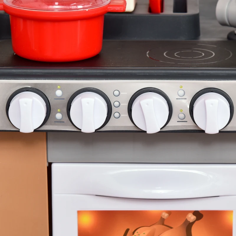 HOMCOM Cucina per Bambini 3-6 Anni con 58 Accessori, Fornelli con Suoni e Lavandino Funzionante, 63x35x84, Grigio Marrone