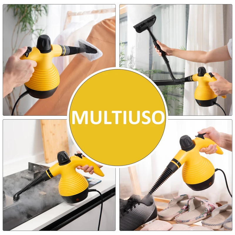 HOMCOM Pistola a Vapore Multiuso con 9 Accessori, Potenza 900-1050W e Serbatoio 350ml, 30x15x21cm, Giallo