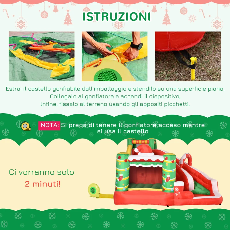 Outsunny Castello Gonfiabile Gigante a Tema Natalizio per Bambini 3-8 Anni con Scivolo e Accessori, 290x280x220 cm