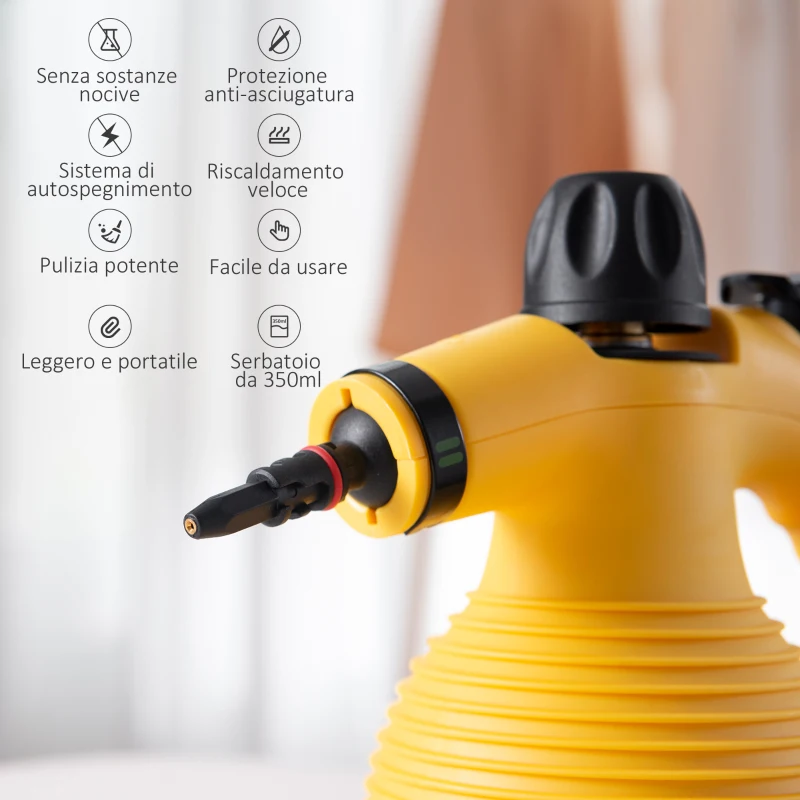 HOMCOM Pistola a Vapore Multiuso con 9 Accessori, Potenza 900-1050W e Serbatoio 350ml, 30x15x21cm, Giallo