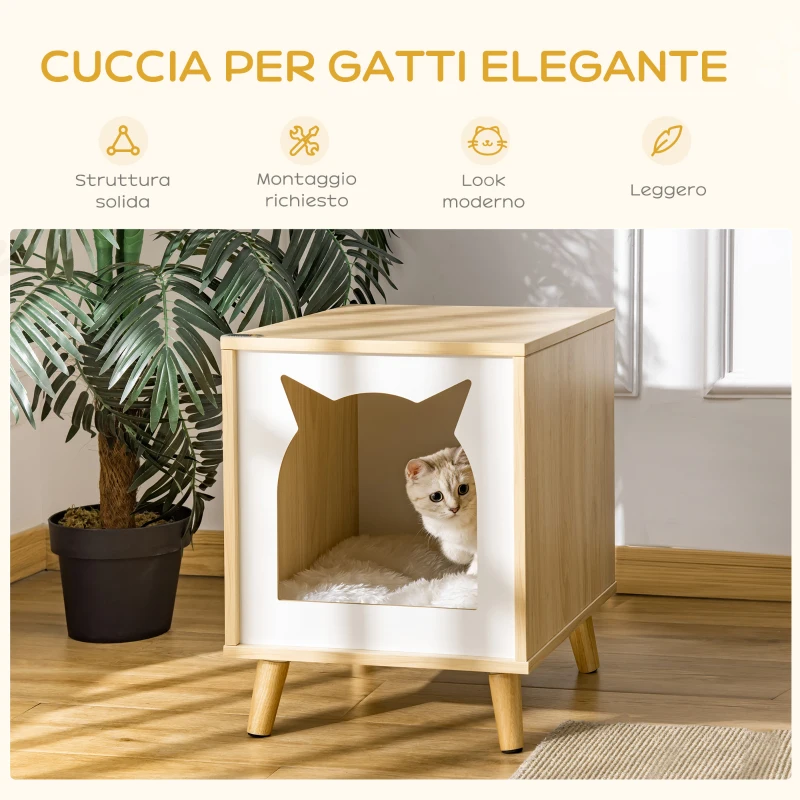 PawHut Casetta per Gatti 2 in 1 e Tavolino, Cuscino Lavabile e Gambe in Legno, 40x40x50cm