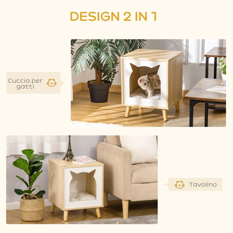 PawHut Casetta per Gatti 2 in 1 e Tavolino, Cuscino Lavabile e Gambe in Legno, 40x40x50cm