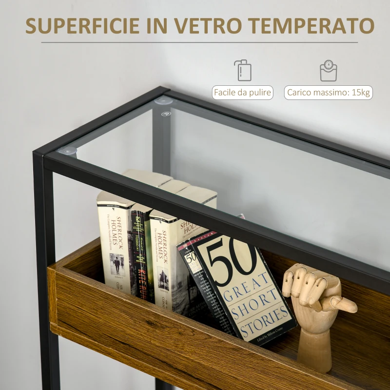 HOMCOM Tavolo Consolle in Stile Industriale, Struttura in Metallo, Legno e Vetro, 108x28x85cm, Marrone